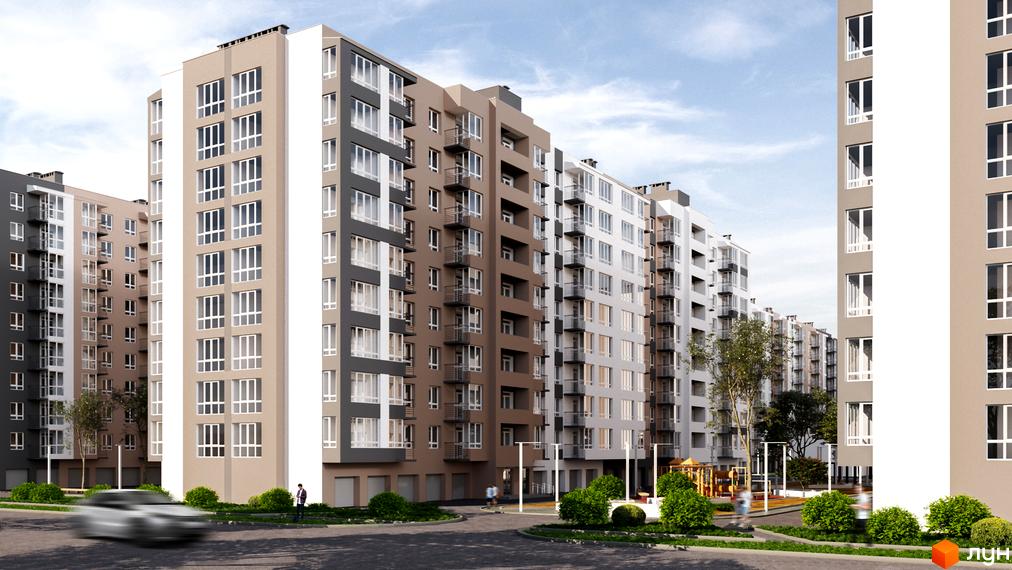 Житловий комплекс Дніпровська Брама 2 - це багатоповерхові будинки з балконами та великою кількістю вікон. На прибудинковій території розташований дитячий майданчик та зелені насадження.
