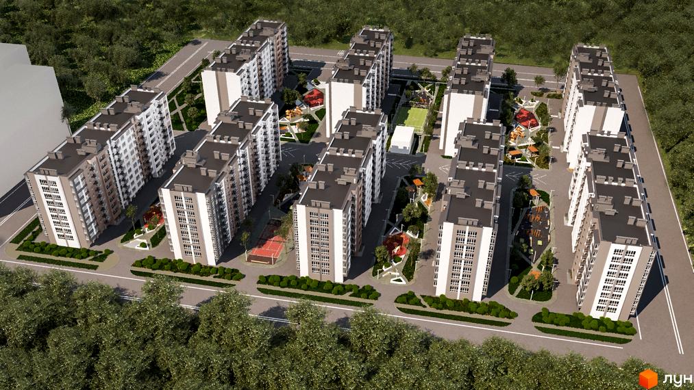 Житловий комплекс Дніпровська Брама 2 з багатоповерховими будинками та облаштованою прибудинковою територією з дитячими майданчиками та спортивними зонами.