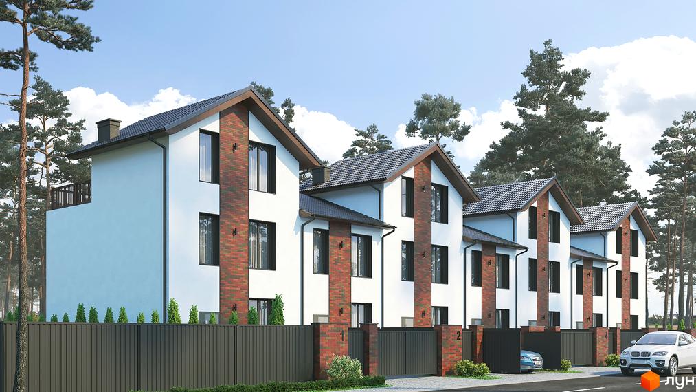 Таунхауси Гостомель Парк з білими фасадами, темними цегляними вставками та дахами, з темним парканом і соснами.