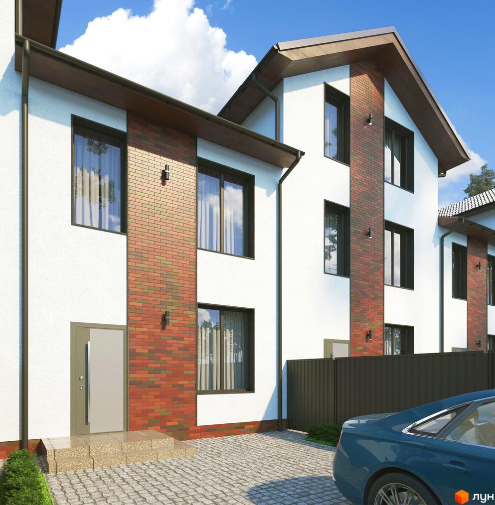 Таунхауси „Гостомель Парк“: білі фасади з цегляними вставками, вікна, двері, бруківка та автомобіль на подвір'ї.