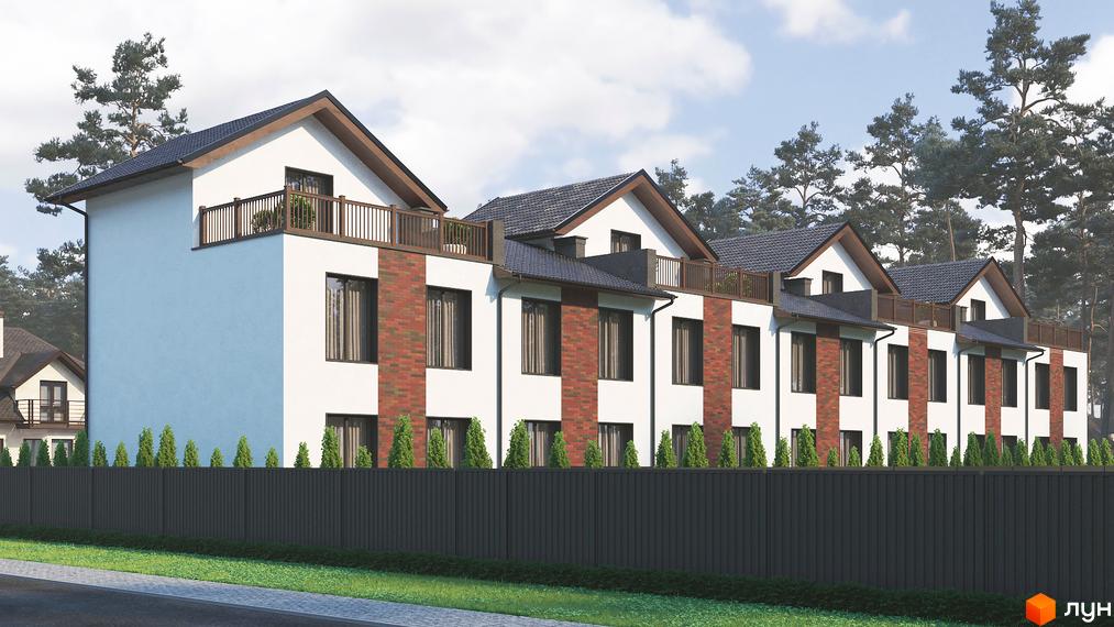 Ряд таунхаусів Таунхауси „Гостомель Парк“ з білими фасадами, цегляними вставками та темними дахами. Прибудинкова територія має огорожу, зелені насадження та сосни.