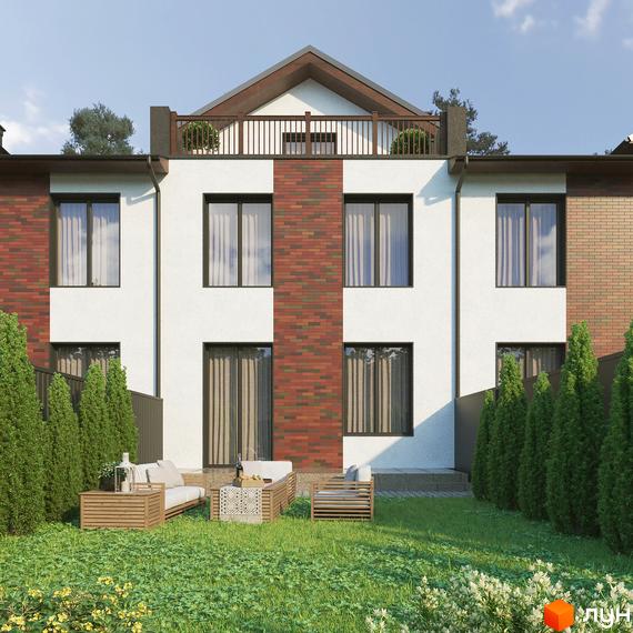 Таунхауси Гостомель Парк: двоповерхові будинки з цегляними та білими фасадами, вікнами та балконом. Прибудинкова територія з газоном, деревами та зоною відпочинку.