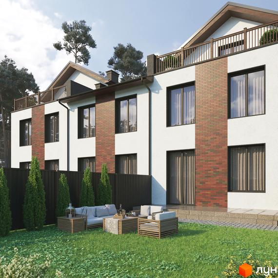 Таунхауси „Гостомель Парк“: двоповерхові будинки з білими стінами, цегляними вставками та темними вікнами. Перед будинками зелений газон з меблями.