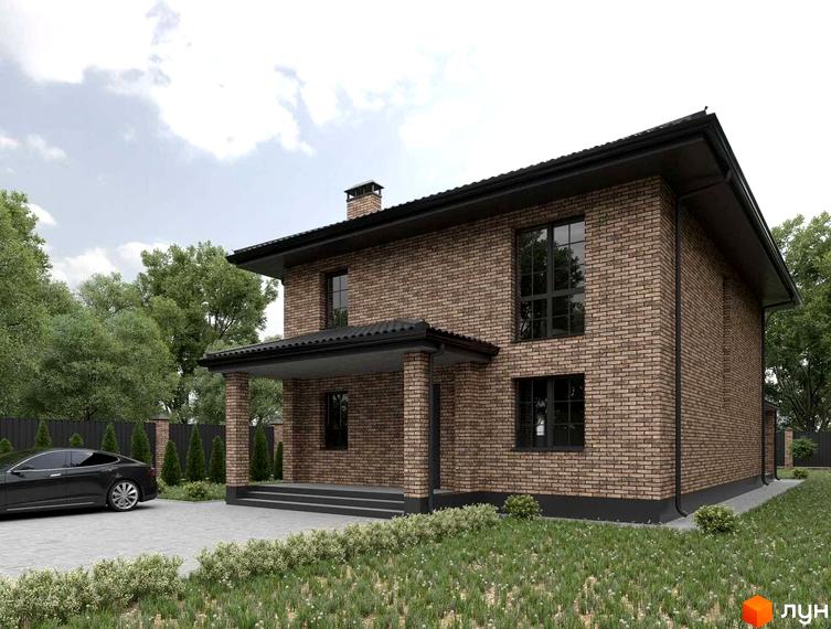 Двоповерховий цегляний будинок з темним дахом та ганком у Котеджному містечку Весняний. На подвір'ї автомобіль та зелені насадження.
