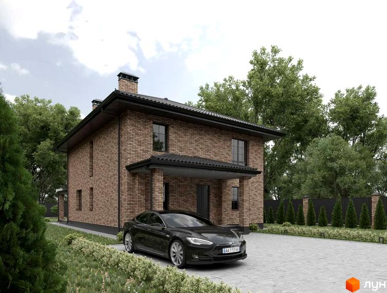 Котеджне містечко КМ Весняний: двоповерховий цегляний будинок з чорним дахом та прибудинковою територією з доглянутим газоном та деревами.