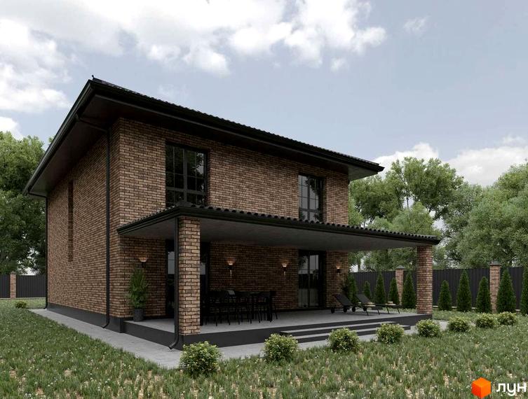 Котеджне містечко КМ Весняний: двоповерховий будинок з цегляним фасадом та терасою, оточений зеленню та парканом.