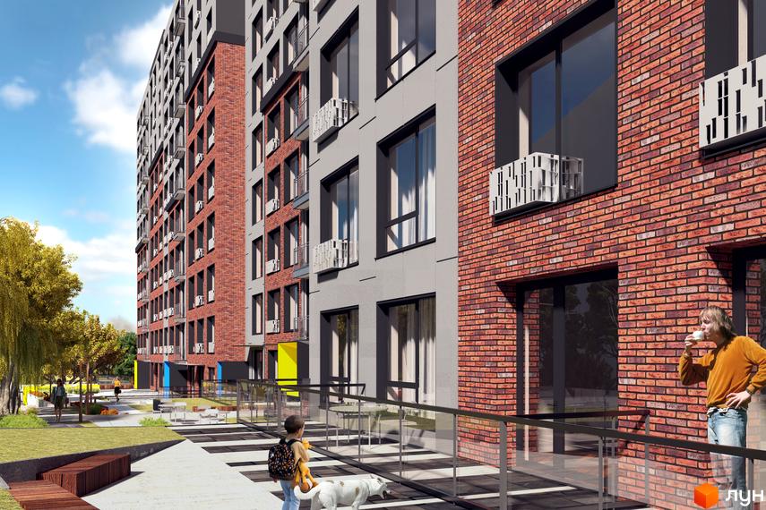 Зовнішній вигляд ЖК Новий Проспект з червоної цегли та сірого фасаду, з балконами та кондиціонерами. Прибудинкова територія з деревами, лавками та дитиною з собакою.