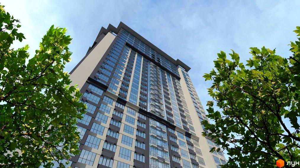 Зовнішній вигляд новобудови Victory V з скляними фасадами та балконами, оточеної зеленню дерев. Сучасний житловий комплекс у місті.