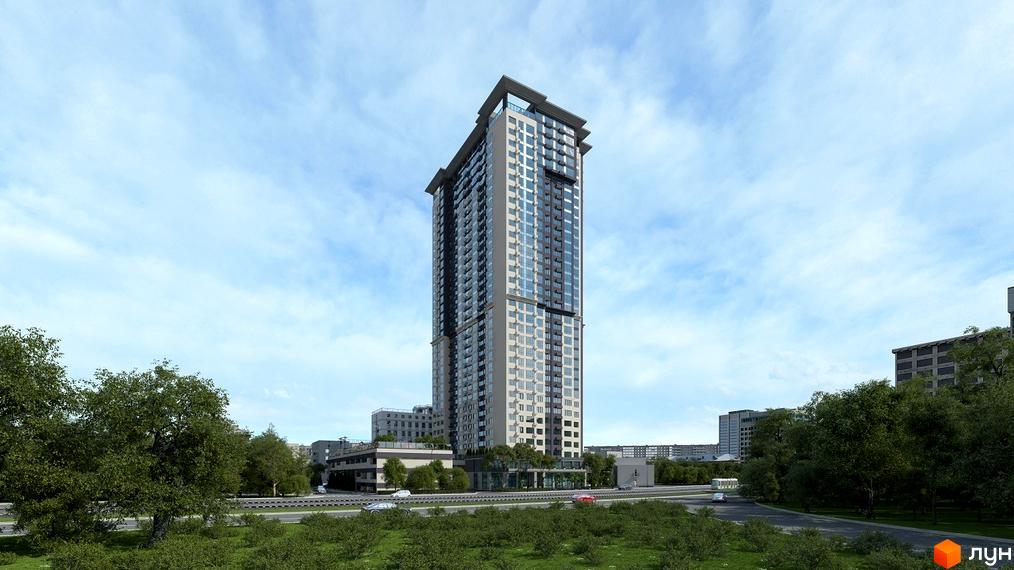 Високоповерховий житловий комплекс Victory V з фасадами зі скла та бетону. Навколо будівлі зелені насадження та дороги з автомобілями.