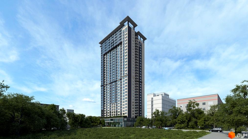 Зовнішній вигляд житлового комплексу Victory V з високою вежею та балконами. Навколо комплексу зелена зона та сусідні будівлі.