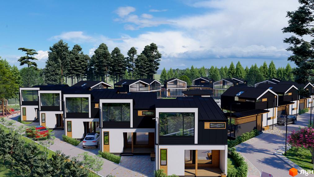 Котеджне містечко NESTER-HOUSE: фасади будинків з чорними дахами та білими стінами, панорамними вікнами, розташовані серед дерев. Прибудинкова територія з доріжками та автомобілями.