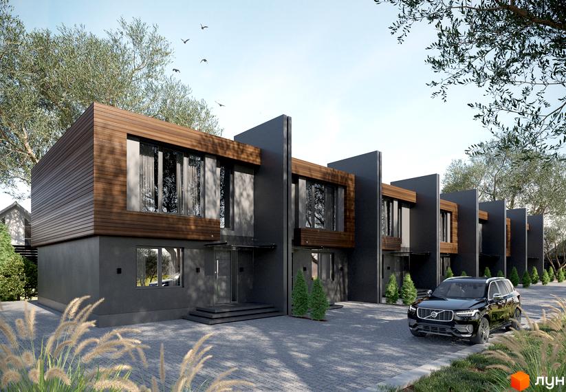 Таунхауси IHOUSE: ряд будинків з темними фасадами, дерев'яними вставками та великими вікнами. На подвір'ї бруківка, зелені насадження та припаркований автомобіль.