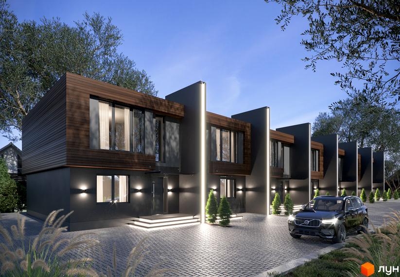 Таунхауси IHOUSE: фасади з темними панелями та дерев'яними елементами, сучасна підсвітка, бруківка та екстер'єр з автомобілем.
