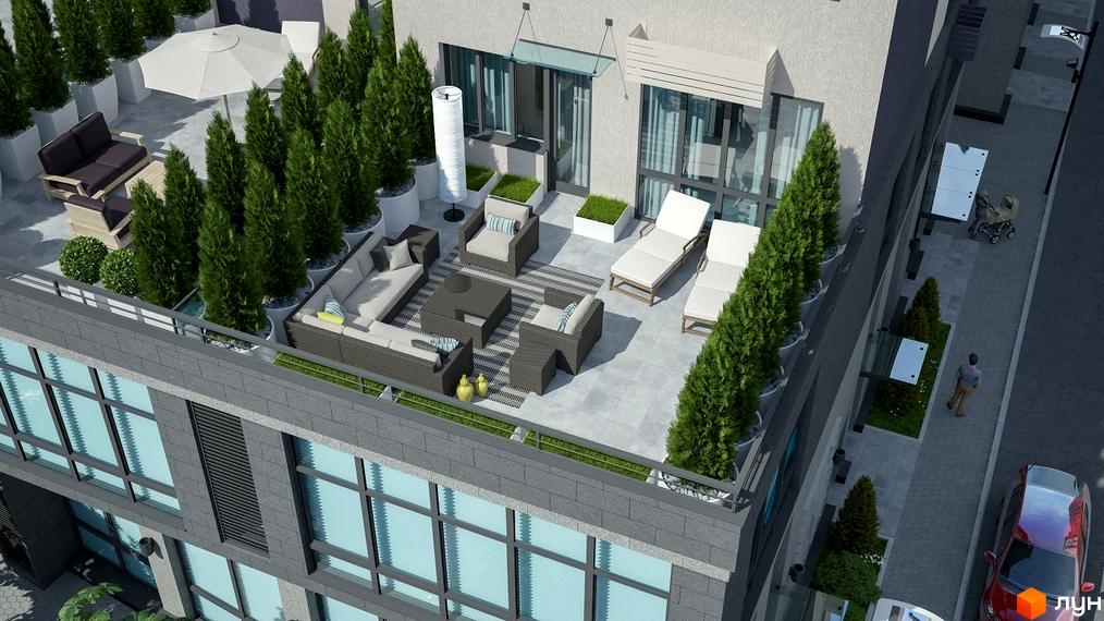 Зовнішній вигляд будинку ЖК Victory V з терасою та зоною відпочинку. Зелені насадження та меблі на терасі житлового комплексу.