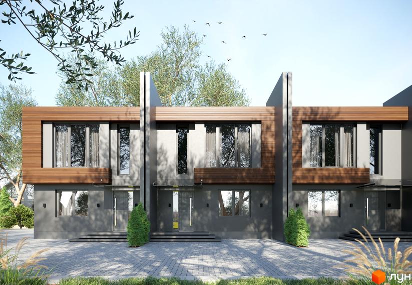 Таунхауси IHOUSE з дерев'яними елементами фасаду та великими вікнами. Прибудинкова територія з бруківкою та зеленими насадженнями.