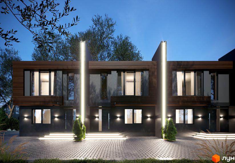 Таунхауси IHOUSE з дерев'яним фасадом та великими вікнами, освітлена бруківка та зелені насадження перед будинком.