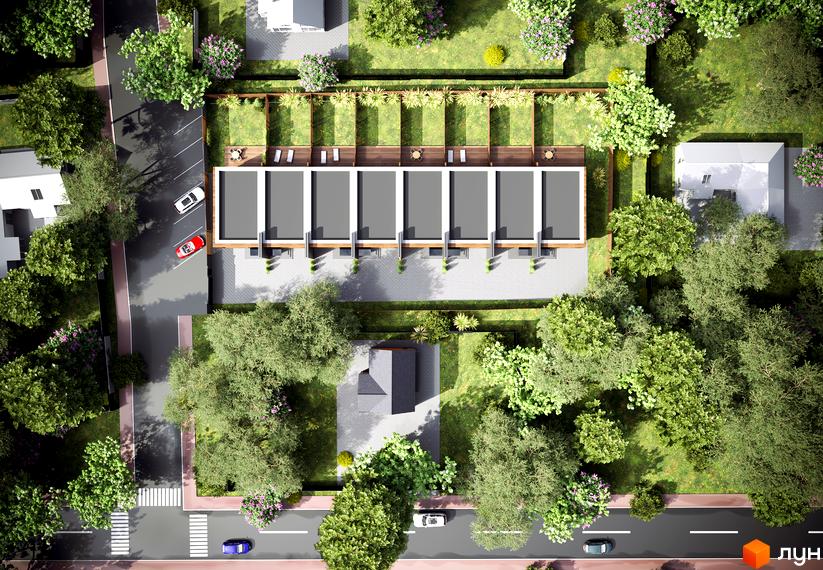 Таунхауси IHOUSE – це двоповерхові будинки з пласкими дахами та індивідуальними ділянками. На території комплексу розташовані зелені зони, паркомісця та дороги.