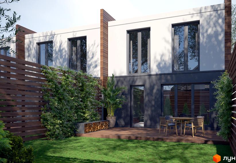 Таунхауси IHOUSE: двоповерхові будинки з білим та темно-сірим фасадом, великими вікнами та дерев'яними елементами. На подвір'ї зелений газон, дерев'яна тераса та огорожа.