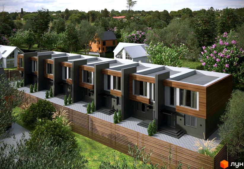 Таунхауси IHOUSE з темним фасадом та дерев'яними елементами, розташовані вздовж доглянутої прибудинкової території з парканом та зеленню.