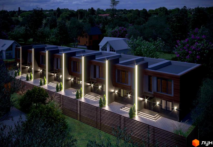 Таунхауси IHOUSE з підсвіткою фасадів та доріжок. Прибудинкова територія з парканом та зеленими насадженнями.