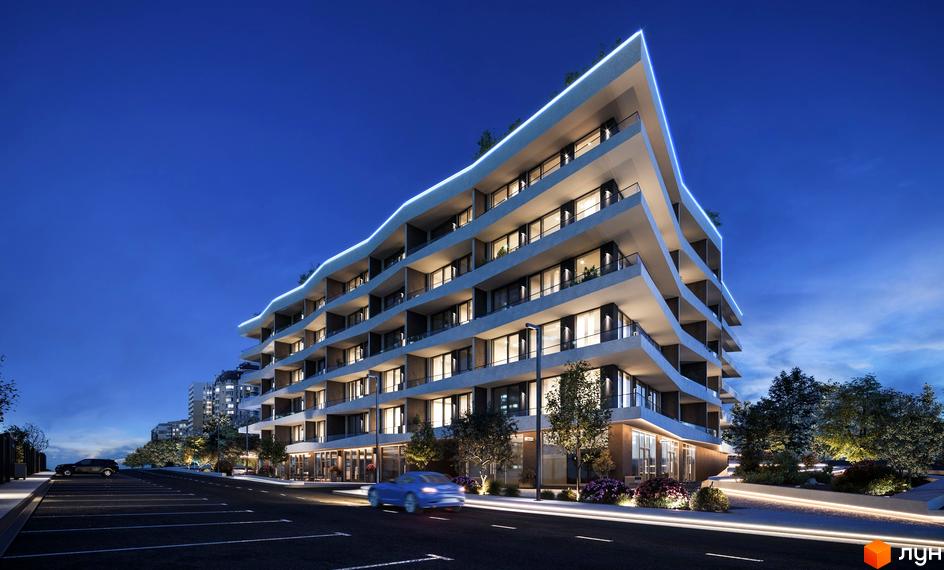 Primorsky Residence - багатоповерховий будинок з балконами та панорамними вікнами. На території комплексу є парковка та зелені насадження.