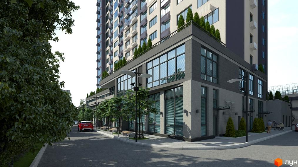 Зовнішній вигляд новобудови ЖК Victory V з великими вікнами та зеленою зоною. Прибудинкова територія з деревами та лавками.