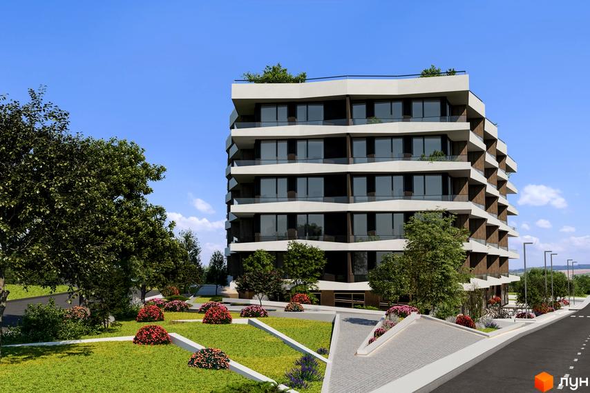 Багатоповерховий будинок Апарт-комплексу Primorsky Residence з панорамними вікнами, терасами та озелененою прибудинковою територією з газонами та квітами.