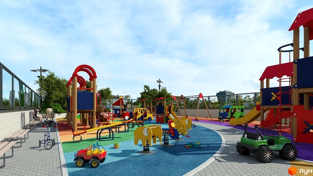 Дитячий майданчик ЖК Victory V з яскравими гойдалками, гірками та ігровими елементами. Сучасна зона для відпочинку та активних ігор дітей на території житлового комплексу.
