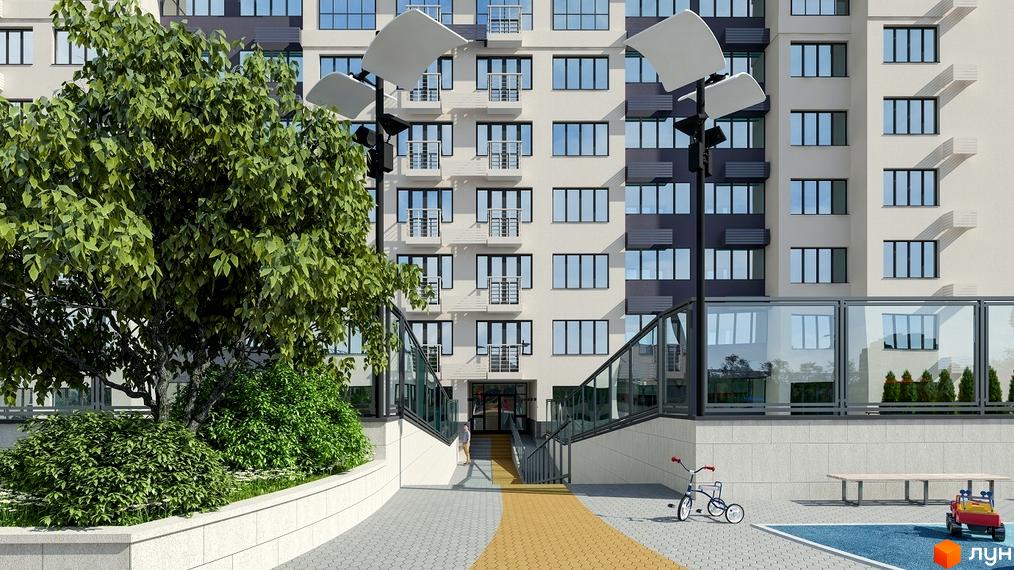 Житловий комплекс Victory V. Зовнішній вигляд багатоповерхового будинку з балконами та великими вікнами. Прибудинкова територія з деревами, дитячим майданчиком та лавкою.