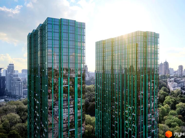 Зображення двох високих будівель Житлового комплексу EDELDORF HILLS з великими вікнами. Навколо будівель розташовані зелені дерева та інші будівлі міста.