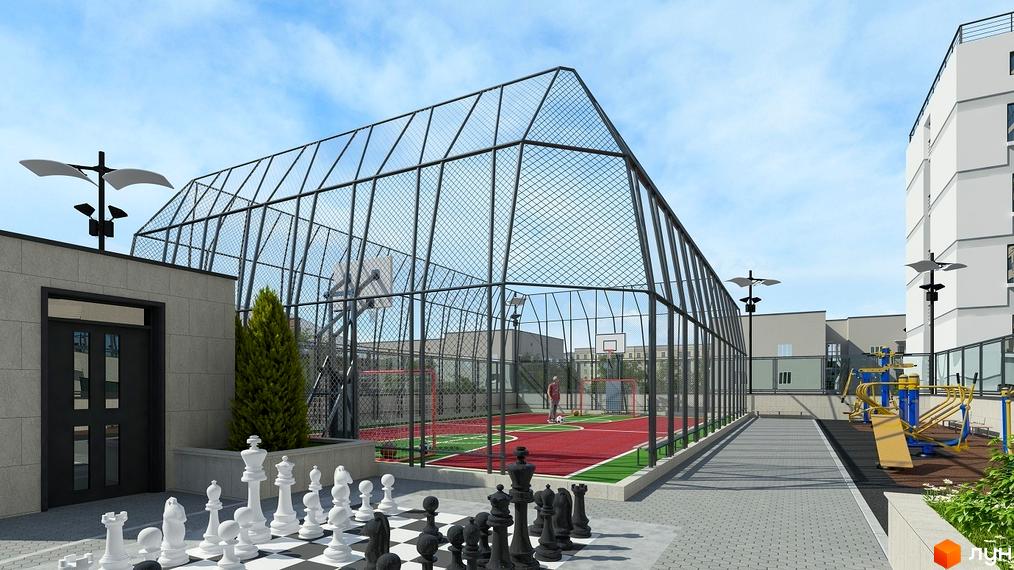 Житловий комплекс Victory V: баскетбольний майданчик та спортивні тренажери на прибудинковій території. Великий шаховий клуб під відкритим небом.