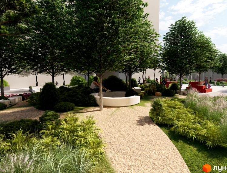 Зображення прибудинкової території Житлового комплексу EDELDORF HILLS. Доріжки, дерева та місця для відпочинку.