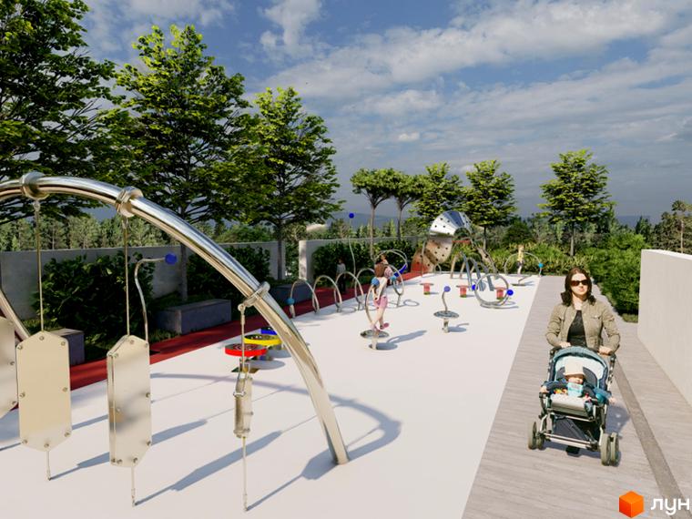 Зображення дитячого майданчика у Житловому комплексі EDELDORF HILLS. На фото ігрові зони та прогулянкова алея з мамою та дитиною.