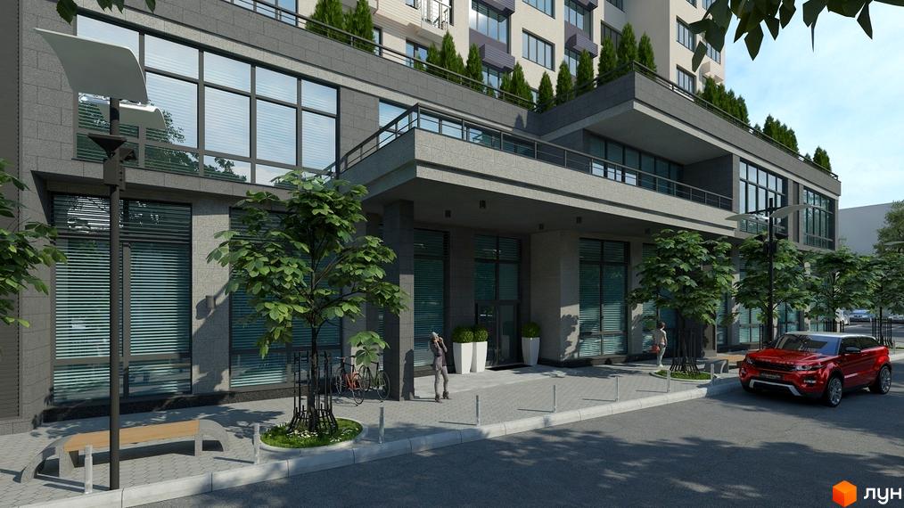 Зовнішній вигляд новобудови ЖК Victory V з великими вікнами та балконами. Біля будинку розташовані дерева, лавка та червоний автомобіль.