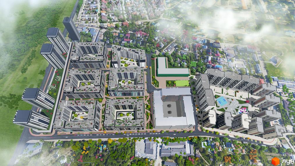 Аерофото Житлового комплексу Manhattan Up з численними багатоповерховими будинками та зеленими внутрішніми дворами з дитячими майданчиками.