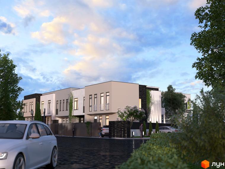 Зовнішній вигляд новобудови на вул. Тракт Глинянський, 102, з автомобілем на передньому плані та зеленими деревами.