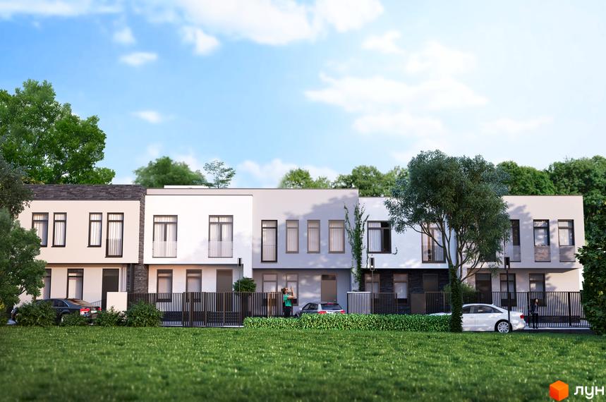 Сучасний житловий комплекс на вул. Тракт Глинянський, 102. Будинки з великими вікнами та доглянутою прибудинковою територією з зеленим газоном.