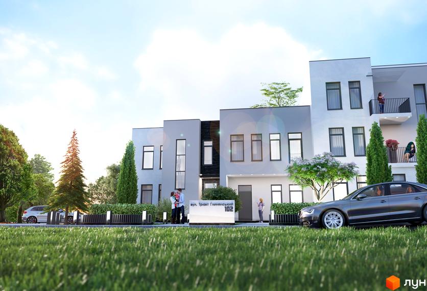 Житловий комплекс по вул. Тракт Глинянський, 102 з фасадом у світлих тонах. На території будинку є зелені насадження та парковка для автомобілів.