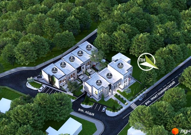 Зображення житлового комплексу з кількома будинками, з сірими дахами та світлими фасадами. На території комплексу є зелені насадження та парковка для автомобілів.