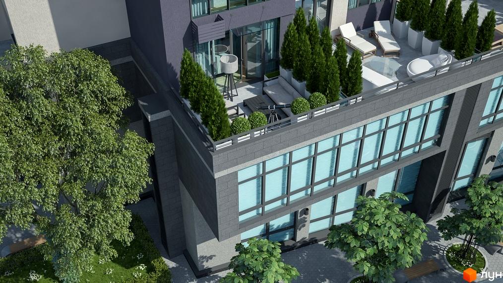 Житловий комплекс Victory V з терасою та зеленими насадженнями. Зовнішній вигляд будівлі з великими вікнами та сірим фасадом.