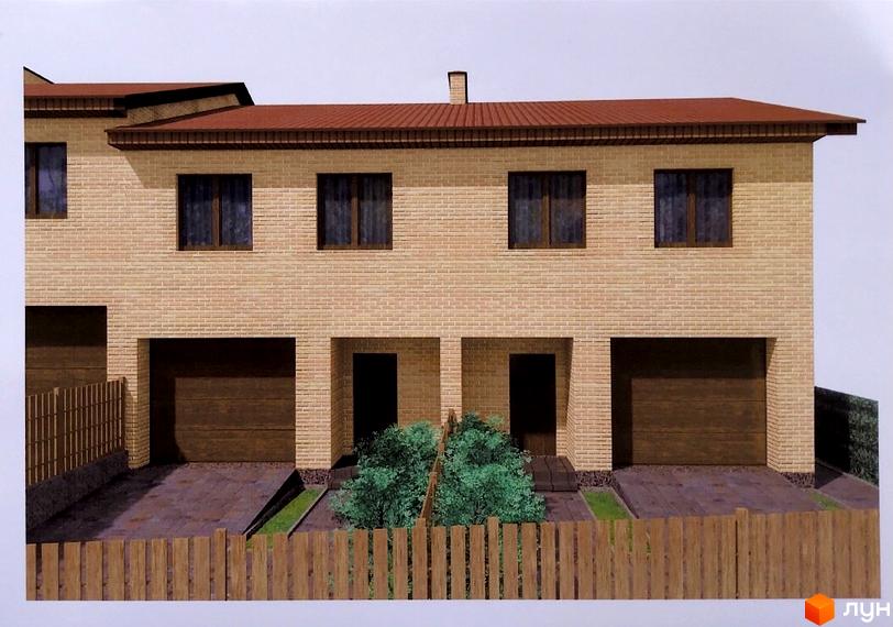 Зображення фасаду таунхаусів. Цегляні стіни, коричневий дах, гаражні ворота, дерев'яний паркан та зелені насадження.