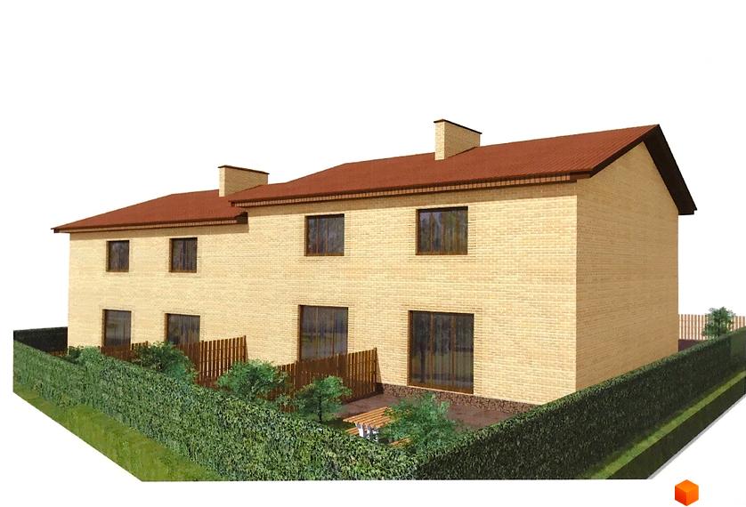 Зображення таунхаусів житлового комплексу «На Пугачова» з цегляними стінами, коричневим дахом та вікнами. Перед будинками зелені насадження та огорожа.