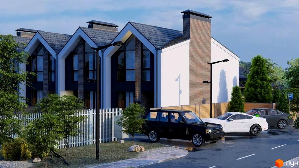 Таунхауси Dream Home: фасади з білими та темними елементами, великі вікна. Поруч доглянута прибудинкова територія з зеленню та парковкою.