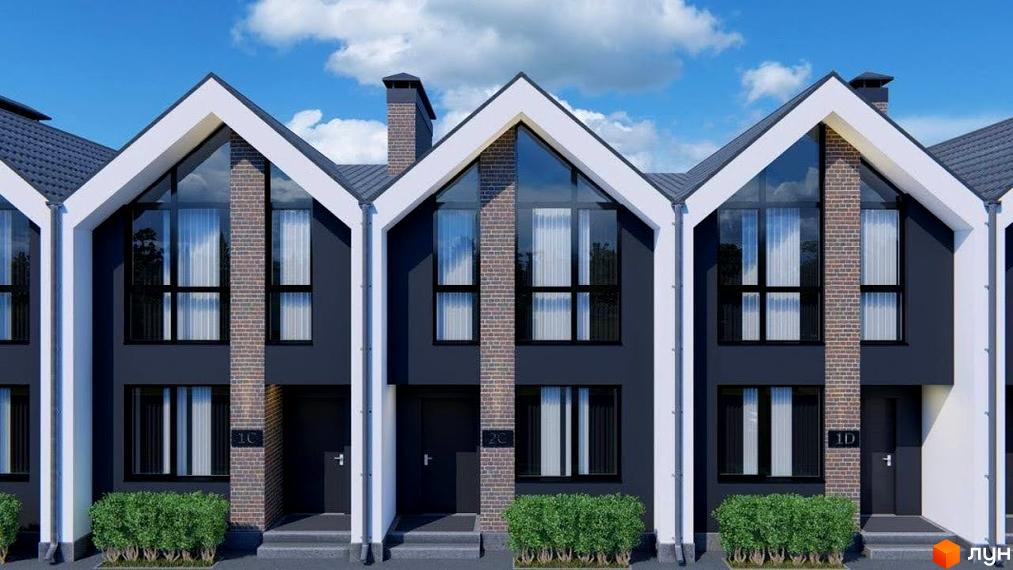 Таунхауси Dream Home: фасади з панорамними вікнами та цегляними елементами, перед будинками зелені кущі. Зовнішній вигляд новобудови.