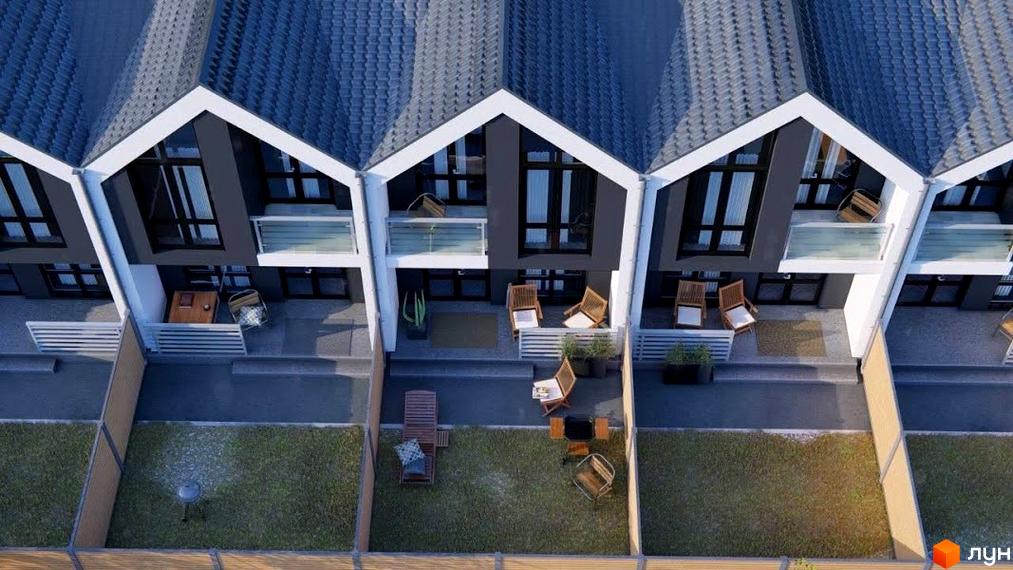 Таунхауси Dream Home з темними фасадами, білими фронтонами та балконами. Кожен будинок має прибудинкову ділянку з газоном та зоною відпочинку.