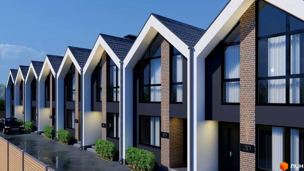 Зовнішній вигляд таунхаусів Dream Home з великими вікнами та похилими дахами. На прибудинковій території розташовані зелені насадження та автомобіль.
