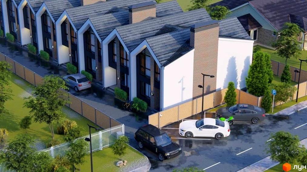 Таунхауси Dream Home з сірими дахами та білими фасадами, парковка з автомобілями та зелені насадження.