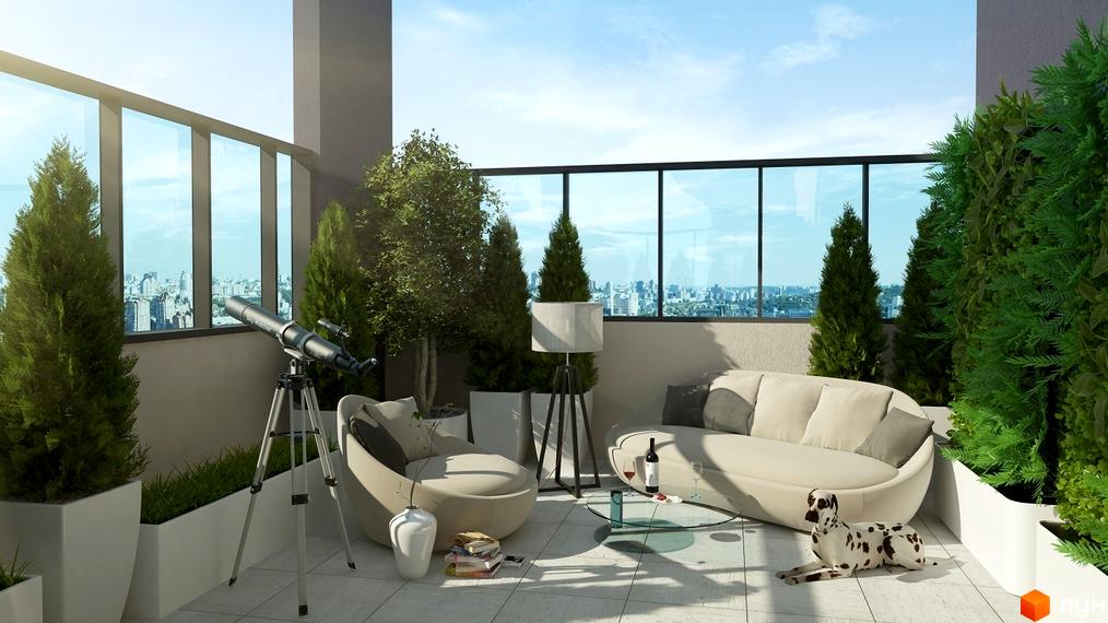 Тераса з диваном, кріслом та телескопом на фоні міського пейзажу. ЖК Victory V - комфортне життя на висоті.