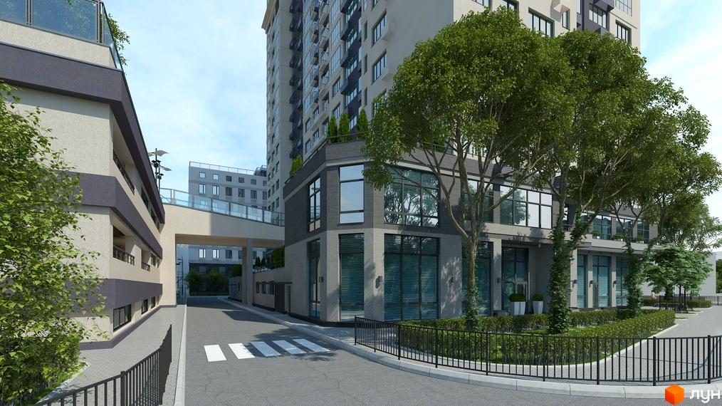 Зовнішній вигляд новобудови ЖК Victory V з великими вікнами та зеленими деревами навколо. Прибудинкова територія з доріжками та огорожею.