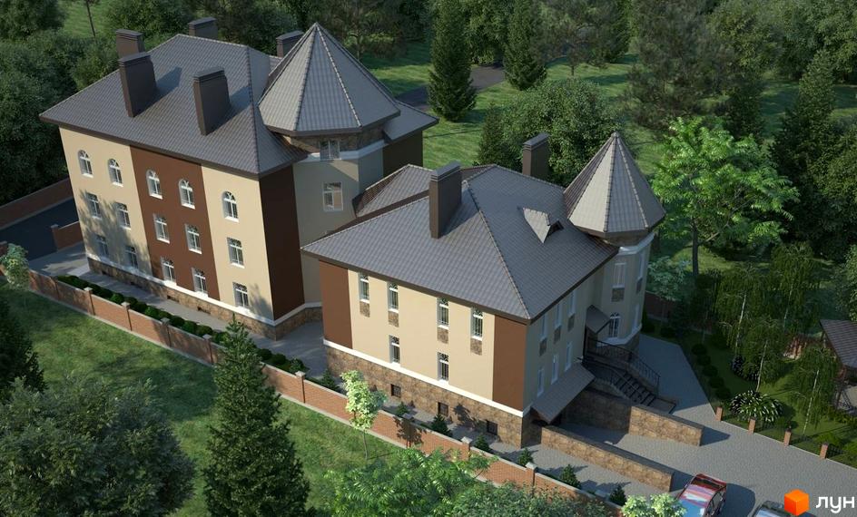 Клубний будинок „Софія“ з коричнево-бежевим фасадом та сірим дахом, оточений деревами та огороджений цегляним парканом.